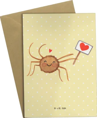 Produktbild von Mr. & Mrs. Panda Klappkarte Spinne Agathe Motivation - Gelb Pastell - Geschenk, osterkarte, Liebe, Vertrauen, einladungskarten, osterkarten, dankeskarten, hochzeitskarten