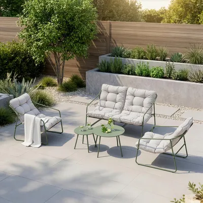 Productafbeelding van Tuinset 'Kivanta', 5-delig: bank, stoelen met kussens, tafels, staal, lichtgroen