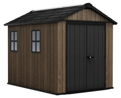 Produktbild von Apex 759/975 - Gartenhaus 287x246x230 cm 2 Türen zur Werkzeugaufbewahrung Holzoptik-Finish Evotech+ aus braunem und schwarzem Harz