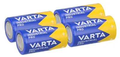 Four Varta Industrial Pro C batteries are arranged in a diagonal formation against a white background.