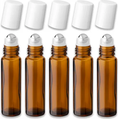 Produktbild von 5x Braune Glasflasche 10 ml Roll-On mit weißem Schraubverschluss leer