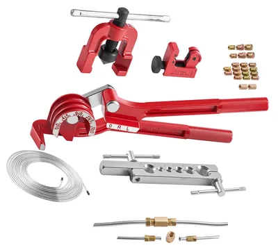 Produktbild von SucceBuy 5-teiliges Bremsleitungs-Bördelwerkzeug-Set, 45° Bördelgerät mit 7,6 m x 4,76 mm Bremsleitung für Einfachbördelung, Rohrbearbeitungswerkzeug mit 20 Anschlüssen, 2 Verbindern & Rohrbieger, Reparaturset für Fahrzeuge