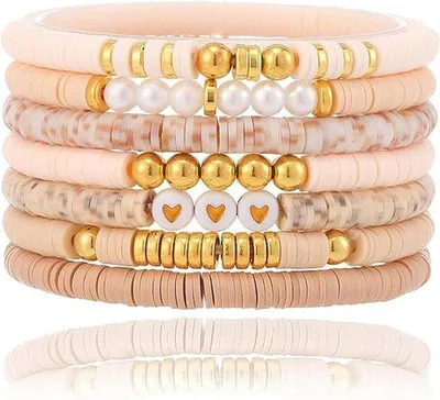 Produktbild von Stapelbare armrepen mit Heishi-Perlen und Goldperlen für Damen - Boho und Preppy-Stil