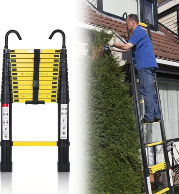 Produktbild von Fiqops Teleskopleiter Mit Haken Ausziehleiter bis 150kg Stabil Aluminium Stehleiter schwarz+gelb 3.8m