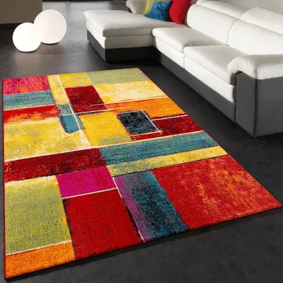 Imagen del producto de Alfombra moderna de pelo corto con un patrón abstracto vintage y multicolor, ideal para el salón