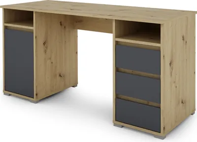 Produktbild von byliving Schreibtisch Lobo, Artisan Eiche Anthrazit, 3 Schubkästen, 1 Tür, 2 offene Fächer, griffloses Design mit Aussparungen, 138 cm