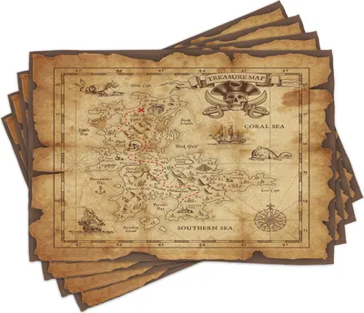 Produktbild von ABAKUHAUS Insel-Karte Platzmatten, Detaillierte Schatzkarte Grungy Rustikale Piraten Goldgeheime Geschichte Thema, 30 x 45 cm, Beige Braun