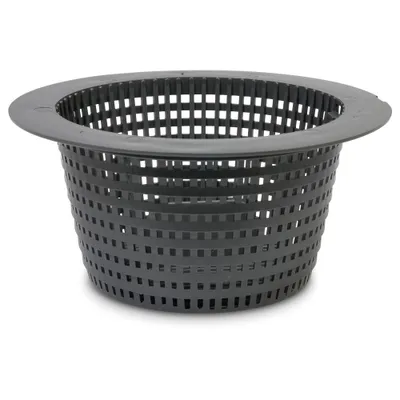 A dark gray plastic skimmer basket for a pool.