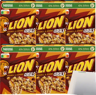 Produktbild von Nestle Lion Cereals Karamellschoko Cornflakes 41% Vollkorn 6er Pack (6x400g Packung) + usy Block