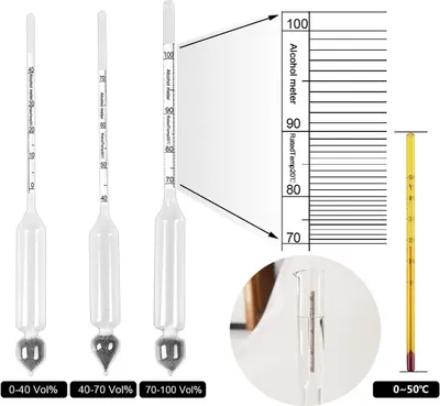 Produktbild von Lauwexe Alkoholmeter Set 3 Stš¹ck, Hydrometer Fš¹r Destillate Mit Skala 0šC100 Vol%, Thermometer 0šC50 ¡ãC, Fš¹r Whisky Cognac Vodka