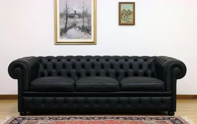 Productafbeelding van Design Chesterfield bank, 3-zits, leren bank, zwarte bekleding, gestoffeerde bank