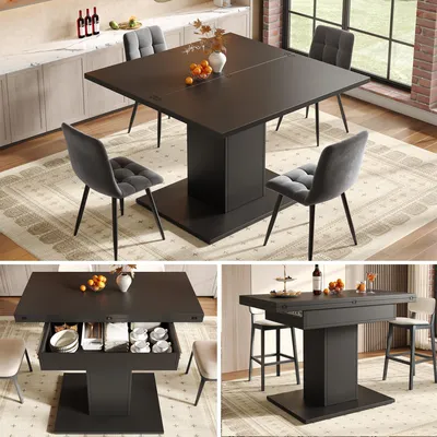 Zdjęcie produktu dla Rozkładany stół jadalny z miejscem do przechowywania, wymiary: 120 x 120 x 75,1 cm, składana blat, stół jadalny o kwadratowej podstawie, idealny do jadalni i kuchni, kolor: czarny