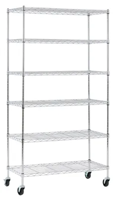 Produktbild von Gitterregal HADES mit Rollen & 6 Gitterböden | HxBxT 160x90x40cm | Fachlast 75kg | Metall | Silber Chrom | Drahtregal Metallregal Schmal Küchenregal Aufbewahrungsregal