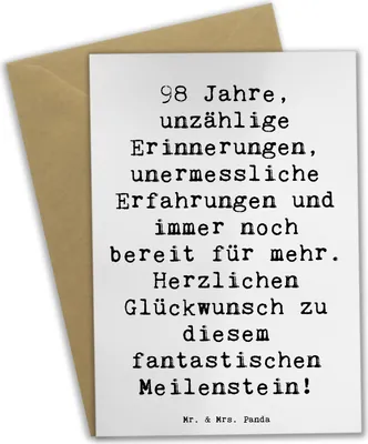 Produktbild von Mr. & Mrs. Panda valentinstagskarte Spruch 98. Geburtstag - Weiß - Geschenk, Happy Birthday, Geburtstagsgeschenk, Alter, dankeskarten, Glückwunschkarte, weihnachtskarten