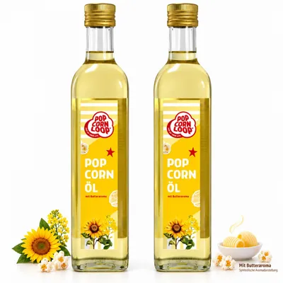 Produktbild von Popcornloop Popcorn Öl für Mais 2 x 500 ml Hocherhitzbar Butter High Oleic Fett mit Butteraroma Buttergeschmack Oil Omega Popcornmaschiene