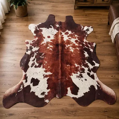 Produktbild von Kuhfell Teppich Kunstfell Braun Weiß 140x160cm Fellimitat Pflegeleicht Felloptik