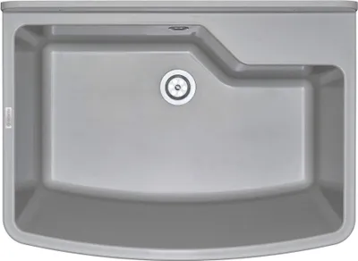A top-down view of a gray sink with a drain in the center.