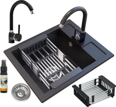 Produktbild von Granitan | GranitSpüle - Spülbecken 1-Becken - 50x40 cm - Küchenspüle ab 45er Unterschrank - Schwarz - mit Küchenarmatur - BEST