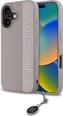 Image de Karl Lagerfeld Coque arrière pour iPhone 16 - Saffiano strass et breloques - Rose