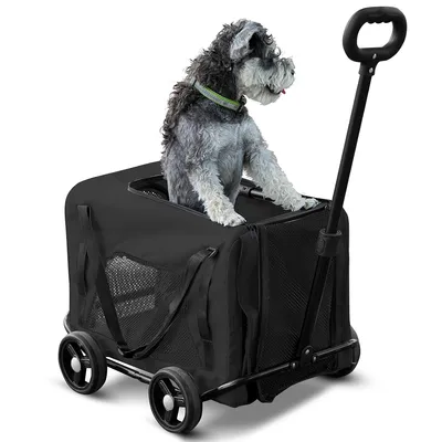 Produktbild von Haustierwagen, Zusammenklappbarer 4 Rad Kinderwagen für Hunde, verstellbarer Griff, 56x46x35cm, Geeignet für Reisen im Freien mit Haustieren, Schwarz