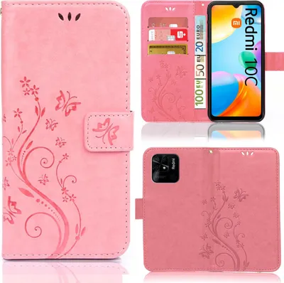 A collage of images showing a pink phone case with a floral and butterfly design, including a view of the case open with cards and money inserted, and a view of the case closed with a phone inside.