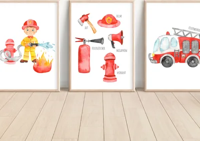 Produktbild von MeinBaby123® Kinderzimmerposter | 3er Set A4 | Feuerwehr