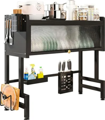 Produktbild von Geschirrabtropfgestell für Küche - Über Spüle Abtropfregal - Mit Abdeckung - Abtropfschale - Multifunktionaler Organizer - Stahl - Schwarz