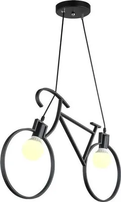 A black bicycle-shaped pendant light with two light bulbs.