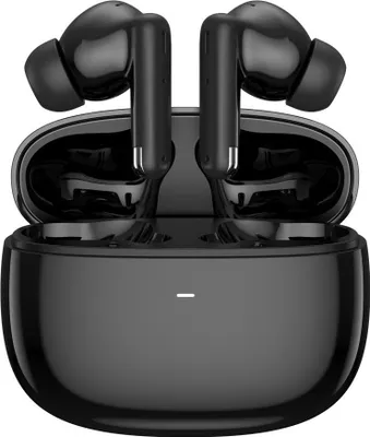 A pair of black wireless earbuds and their charging case.