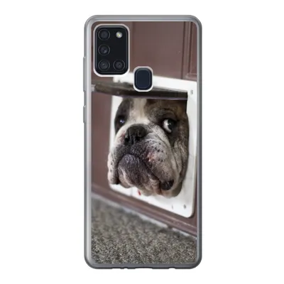 Produktbild von MuchoWow® Handyhülle Schutzhülle Hülle für Samsung Galaxy A21s Hund - Lustig - Katzenklappe - Kinder - Jungen - Mädchen - Kinder Silikon Softcase Handy Hülle - Hartschale