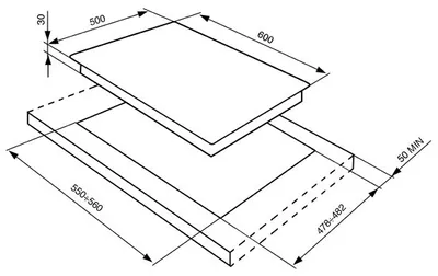 Diagram showing installation dimensions for a stovetop.