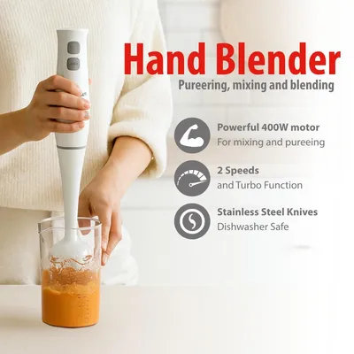 Zdjęcie produktu dla alpina Elektryczny blender ręczny 400W - blender ręczny z funkcją turbo i odłączanym drążkiem - blender ręczny do zup, smoothie i jedzenia dla niemowląt - ostrza ze stali nierdzewnej - biały