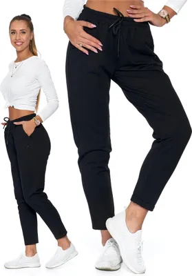 A woman wearing black dress pants and a white top, with a close-up of the pants shown separately.