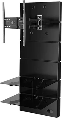 A black TV stand with two glass shelves and a wall mount for a television.