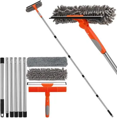 Immagine prodotto di Set per la pulizia delle finestre Unyqoos® con manico telescopico da 240 cm, testa flessibile, guarnizione in gomma naturale morbida e panno in microfibra sostituibile – per una pulizia senza aloni