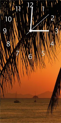 Produktbild von Wallario Design Wanduhr Sonnenuntergang unter Palmenblättern aus Echtglas, Größe 30 x 60 cm