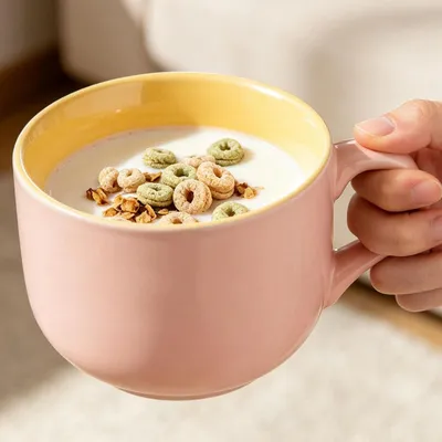 Immagine prodotto di Tazza in Vetroceramica da 600 ml, rosa, con cucchiaino e sottobicchiere, adatta al lavaggio in lavastoviglie e all'uso nel microonde