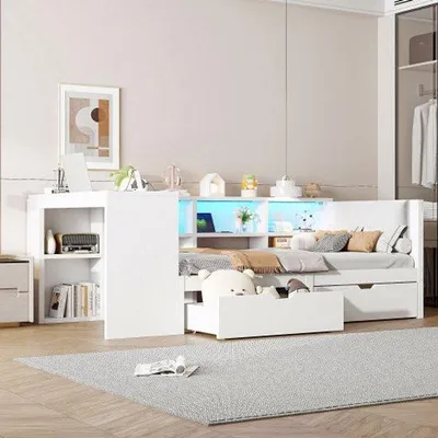 Image de Lit plateforme en bois 90 x 200 cm avec panneaux en bois, tiroirs, station de recharge et tête de lit rembourrée, avec éclairage LED coloré, blanc