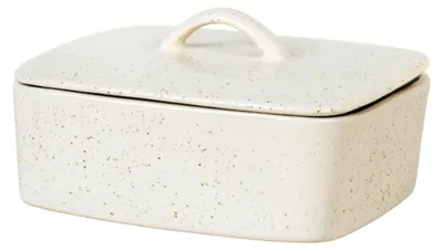 A ceramic butter dish with a lid and handle, shown from a side angle on a white background.