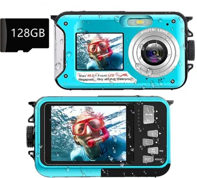 Produktbild von 2,7K Unterwasserkamera, 48 MP, Autofokus wasserdichte Kamera, Dual Screen Selfie Kamera, schwimmfähige Digitalkamera mit 128 GB Speicherkarte