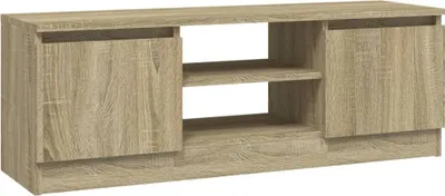 A standalone image of a TV stand with a wood grain finish.