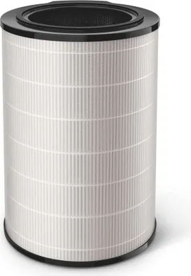 A white cylindrical air filter with a black top and bottom rim, set against a plain white background.