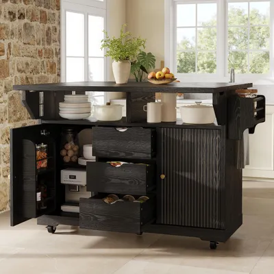 Productafbeelding van Okwish keukentrolley met inklapbaar aanrechtblad, keukenwagen met zijrek en wielen, keukentafel met lades, zwart