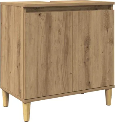 A product image of a wooden cabinet with two doors and four legs, shown against a white background.
