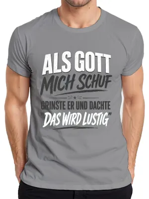 Zdjęcie produktu dla T-shirt męskie "Kiedy Bóg mnie stworzył, uśmiechnął się", humorystyczny nadruk, kolor szary, rozmiar M