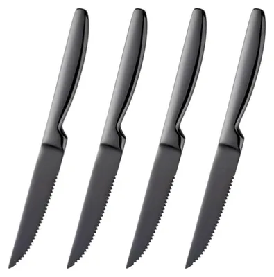 Obrázok produktu pre Sada 4 nožov na steak, nerezová oceľ, ozubené čepele, celokovová rukoväť, čierna farba
