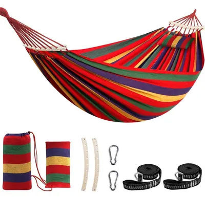Produktbild von Hängematte Baumwolle Rot Gestreift 270x150cm mit Spreizstab & Kissen, bis 300kg