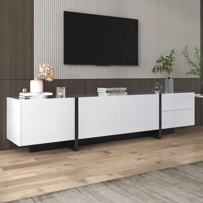 Image de Meuble TV 190 X 45 X 35 Cm, Panneau Bas, Pieds Color Block Blanc Et Noir, Portes Et Tiroirs