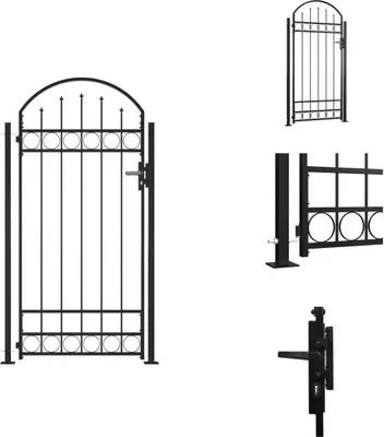 Productafbeelding van vidaXL Hekpoort met gebogen bovenkant en 2 palen, 105x204 cm, zwart - Tuinpoorten