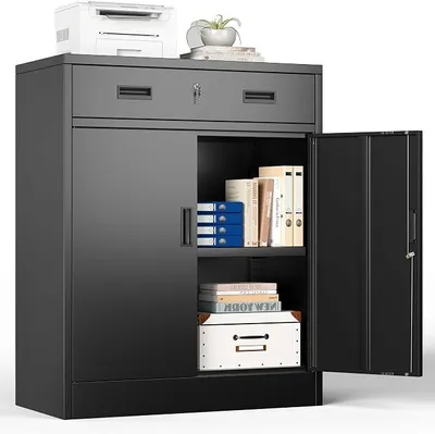Produktbild von Aktenschrank, Mehrzweckschrank, Büroschrank mit 2 Türen, Schrank abschließbar, Aufbewahrungsschrank Stahl, Schrank abschließbar, 2 höhenverstellbare Einlegeböden für Büro, Garage(Schwarz,90*80*40)